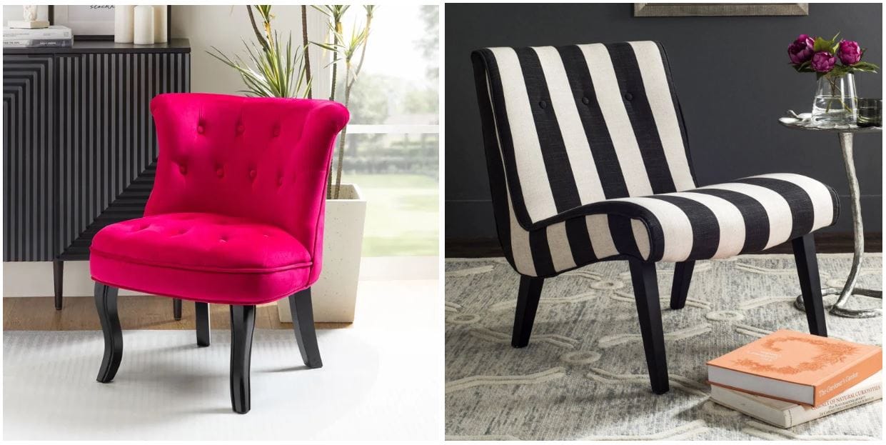 fuchsia pink velvet tufted slipper chair; colorful accent chairs; transitional black and white slipper chair with oak finished birch wood legs; retro armless accent chairs; 50s and 60s accent chairs; aesthetic furniture