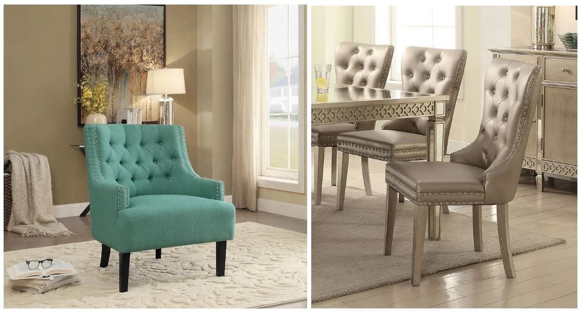 teal transitional accent chair with diamond tufting and elegant nailhead trim; faux leather side chair for dining table; dining room accent chairs; dining table accent chairs; tufted accent chairs; kitchen accent chairs