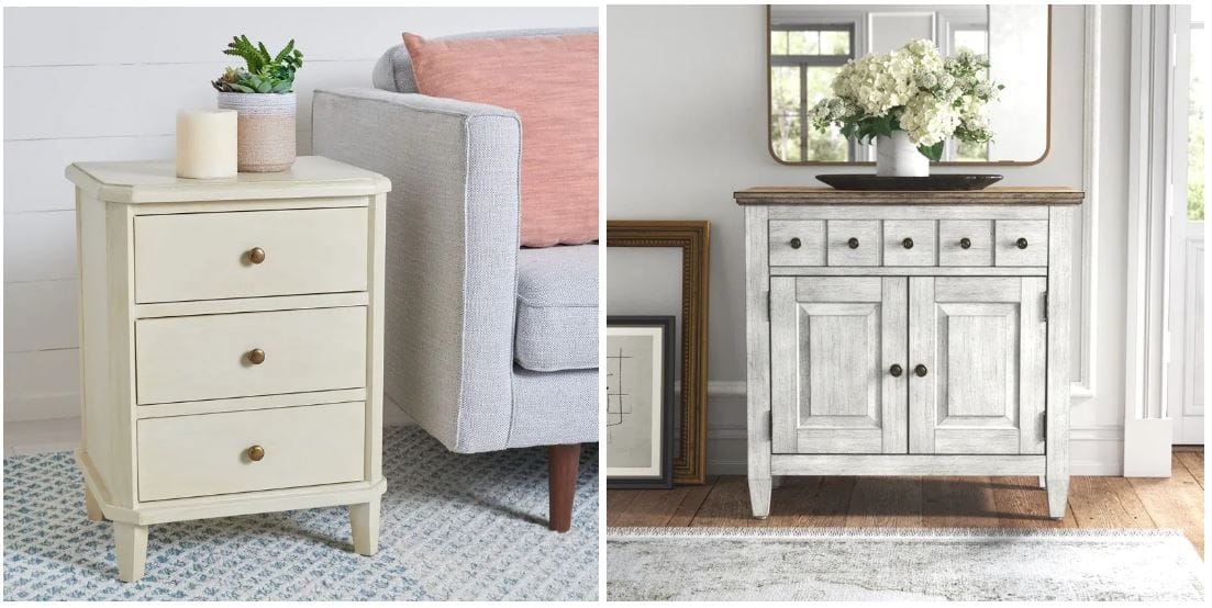 chic transitional nightstand with polished silver drawer pulls & farmhouse white bedside chest with antique brass hardware, planked details, and tobacco top
