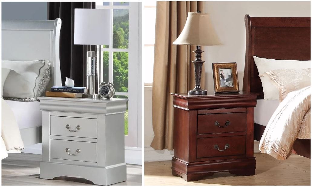 traditional platinum nightstand with metal hardware & cherry wood nightstand with a lamp and photo frame beside a bed; traditional nightstands with matching headboards