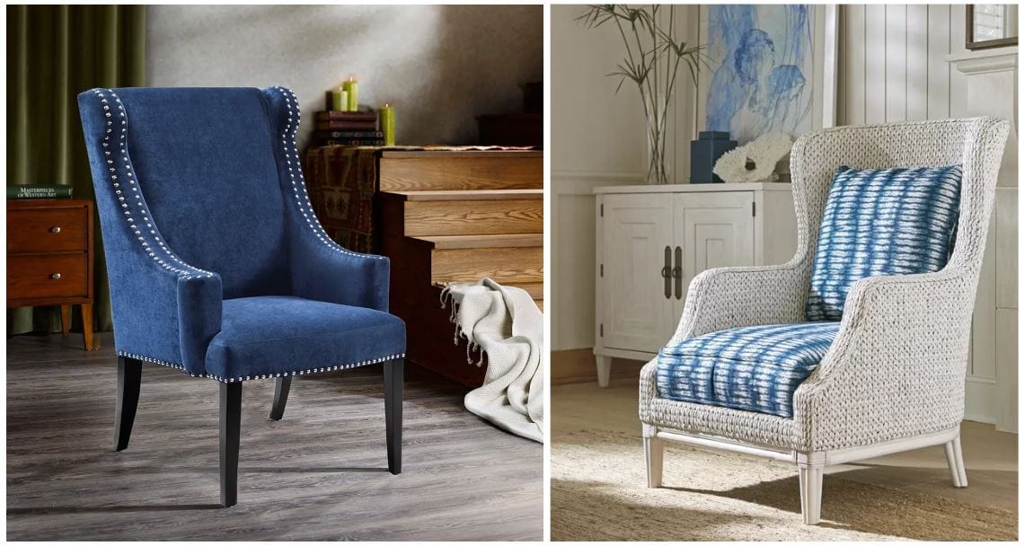 Blue velvet accent chair with high wingback and nailhead trim; accent chair with birch legs; mahogany wood and wicker wingback accent chair for coastal home design; accent chair with down cushions
