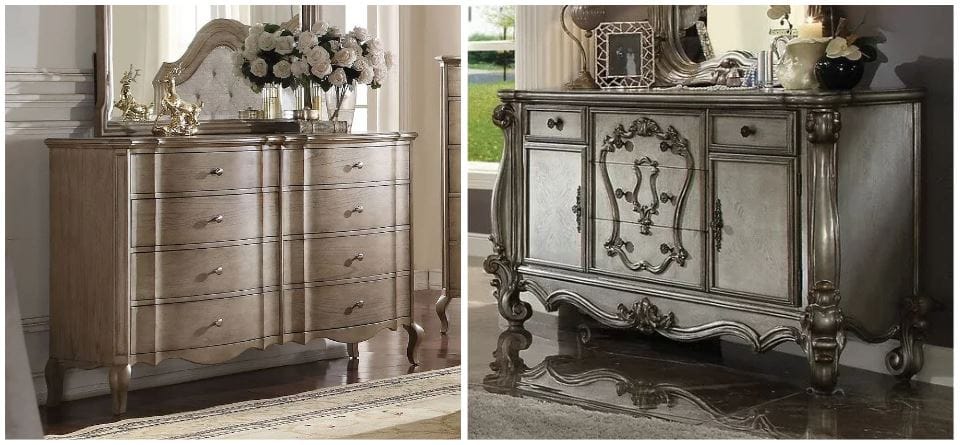 sophisticated antique dresser with 8 drawers and roses on top; elegant farmhouse antique dresser in platinum with decorations on top; antique bedroom dressers