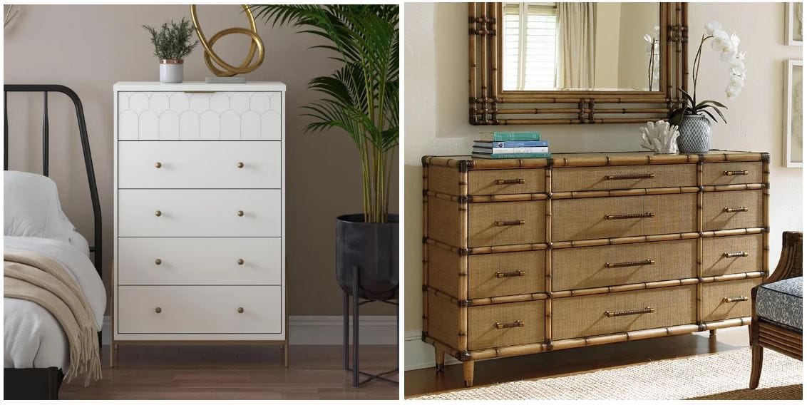 tall white bohemian dresser with gold accents; brown woven raffia dresser with 12 drawers and a mirror hanging above; boho aesthetic furniture; boho bedroom furniture; Walmart furniture deals