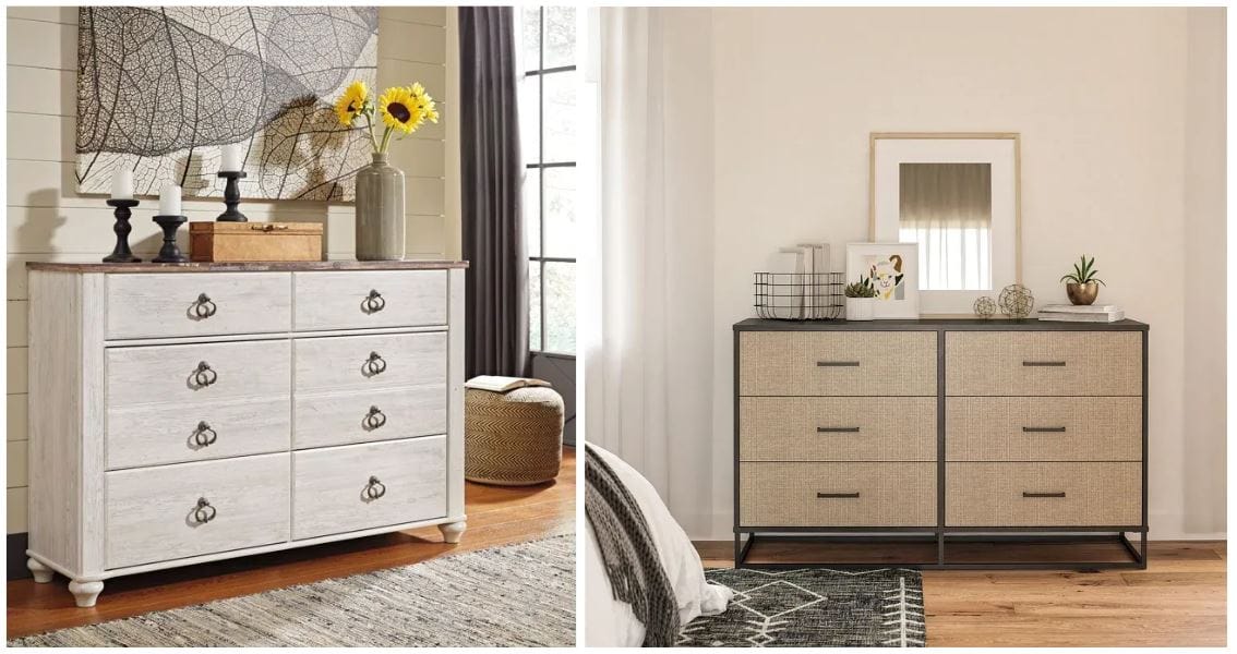 whitewashed coastal cottage dresser with vintage ring pulls; faux rattan drawers on black oak dresser; stylish coastal dressers for living room or bedroom; coastal furniture aesthetic; Walmart furniture deals