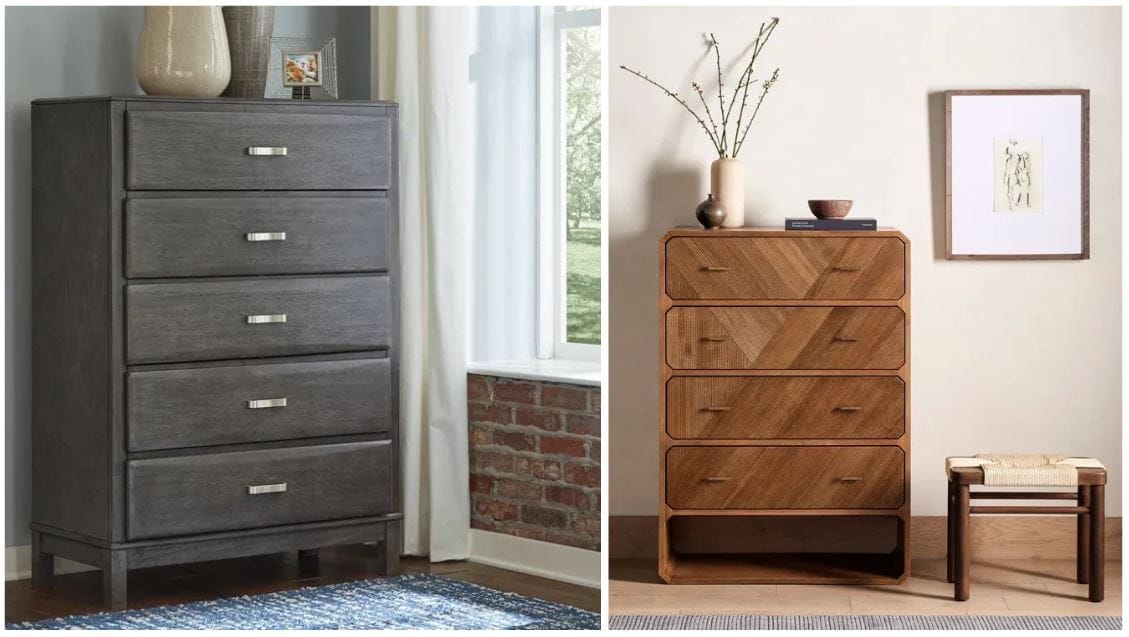 contemporary gray tall dresser with elegant nickel drawer pulls; natural ash veneer dresser with diagonal natural wood pattern; contemporary wood dressers for bedroom