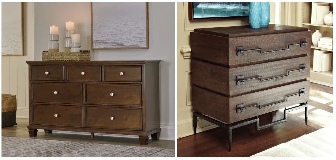 transitional farmhouse dresser with dark wood and mirrored accents; dark academia living room furniture and decor; chest with three drawers made of mango wood and a black iron base; dark academia aesthetic furniture