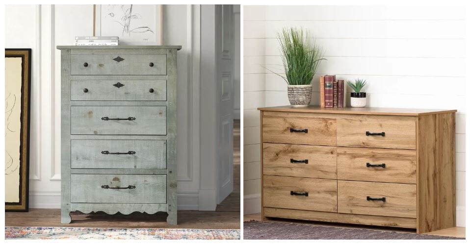 rustic mint gray farmhouse dresser with dark bronze hardware and scalloped base; feminine wood dresser; farmhouse aesthetic furniture; cozy, timeless nordik oak double dresser; wayfair dresser deals