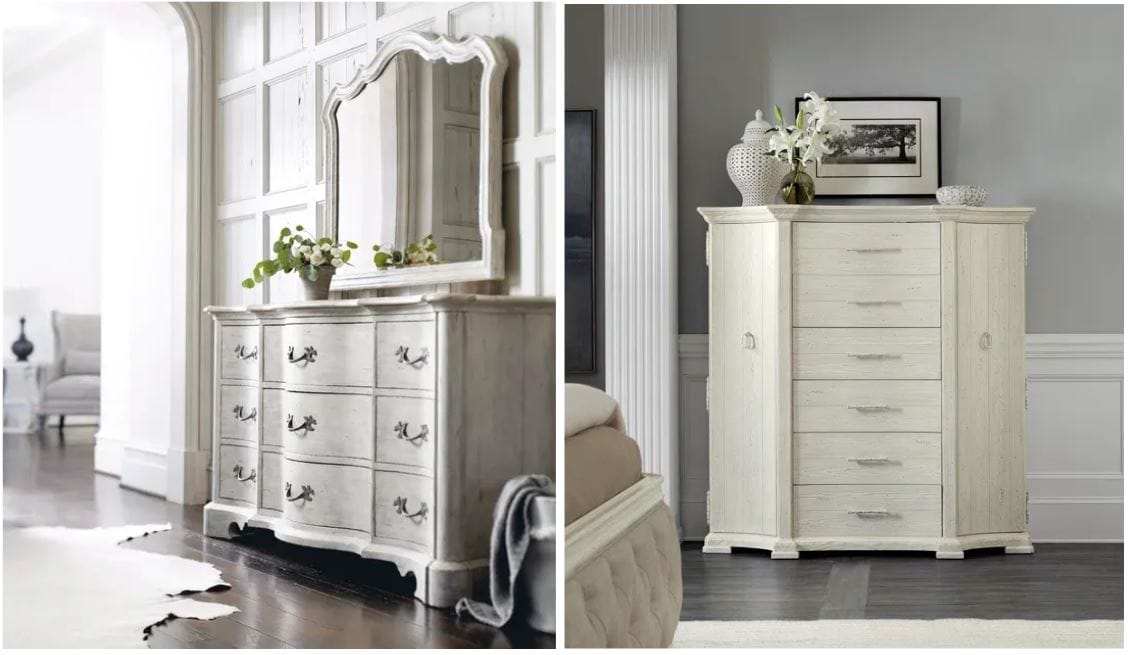 weathered, off white french country dresser with nine drawers and a mirror hanging on the wall above; a six-drawer gentleman's chest with soft-close drawers and dovetail construction; white dressers for bedroom furnishing