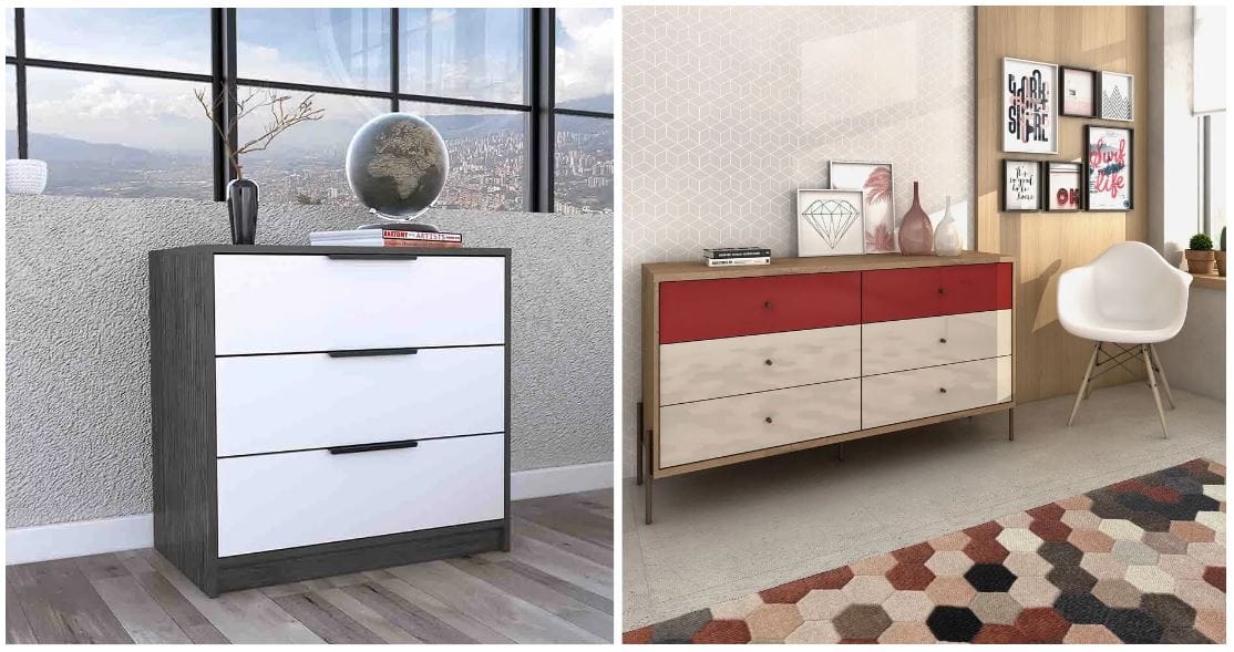 steel frame affordable dresser with white drawers; industrial style dresser for bedroom or living room; red and off white dresser for living room or dining room