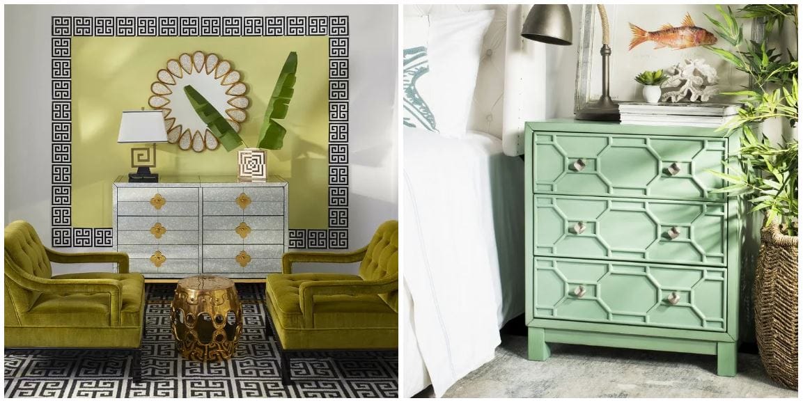 credenza with elegant antiqued mirror finish; dresser for living room; turquoise chest with a unique geometric pattern; unique maximalist furniture for colorful home furnishing