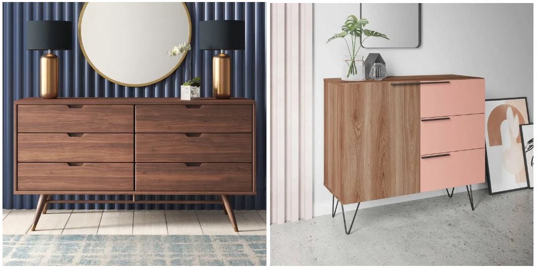midcentury modern walnut dresser with tapered legs, lamps, and a round mirror hanging above; combination mid-century dresser with pink drawers, light brown cabinet, and splayed legs; stylish wood dresser for modern home furnishing