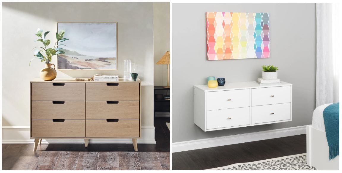 modern dresser with natural laminate finish; affordable dresser options for bedroom or living room; floating white dresser with a plant, candles, and artwork above it; aesthetic furniture for minimalist home decorating