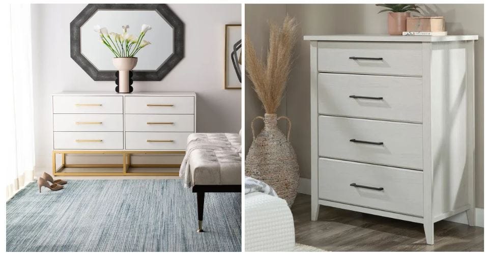transitional white modern dresser with brass hardware, flowers, and an octagonal mirror on the wall; modern white dresser style; glacier oak dresser with deep drawers for modern bedroom furnishing