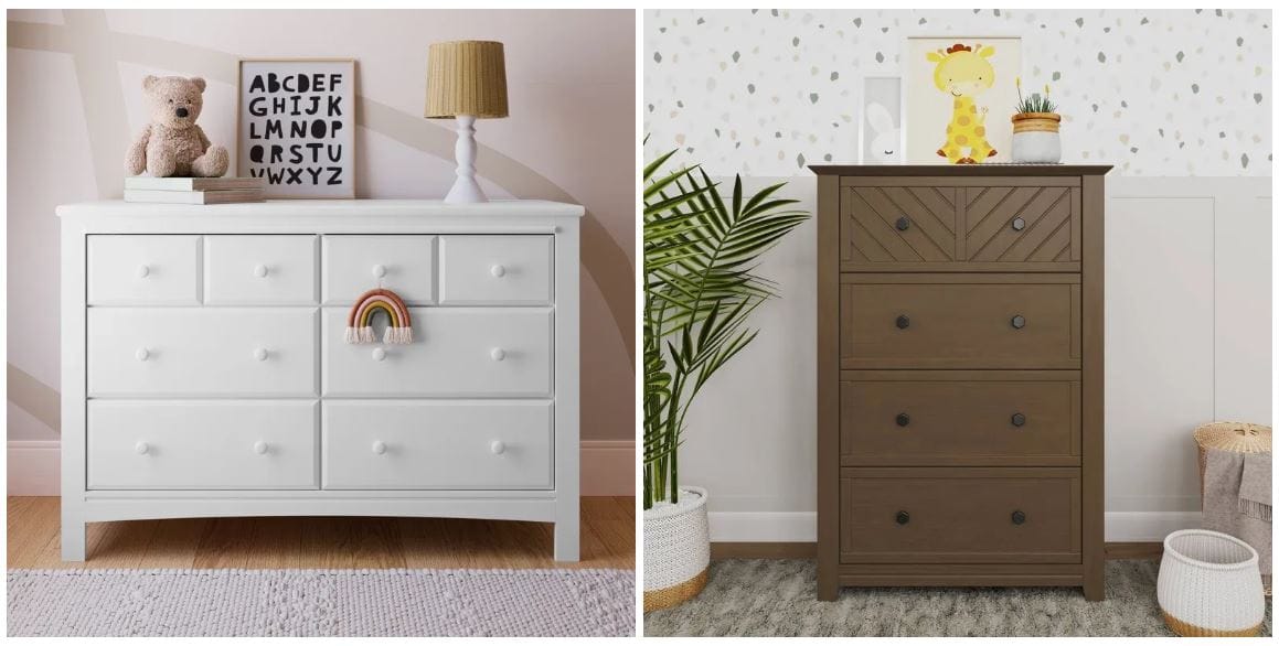 white minimalist nursery dresser with alphabet artwork and a teddy bear on top, and a rainbow ornament hanging on the drawer; brown chevron detailed chest with giraffe painting on top; Target dresser deals for baby; baby furniture from Target