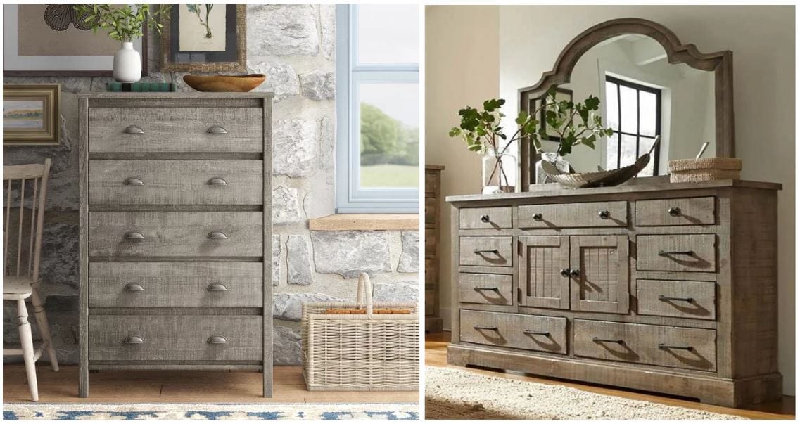 rustic and contemporary dresser with five drawers in a room with stone walls and wooden floors; a weathered gray salvaged pine dresser with nine drawers and an arched mirror; farmhouse dresser style for bedroom or kitchen