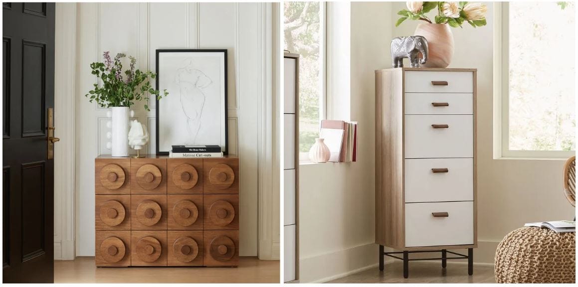 Scandinavian sideboard with dark walnut finish, flowers, and artwork on top; scandinavian lingerie chest with five drawers, a pink flower vase, and an elephant figurine on top; scandinavian dining room furniture and scandinavian bedroom dresser; IKEA dresser lookalike