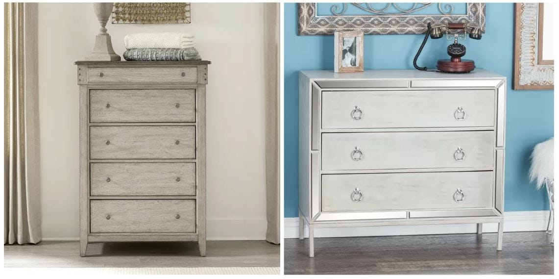 cottage style dresser in cream with five drawers; glamorous dresser with mirrored details for shabby chic style bedroom furnishing
