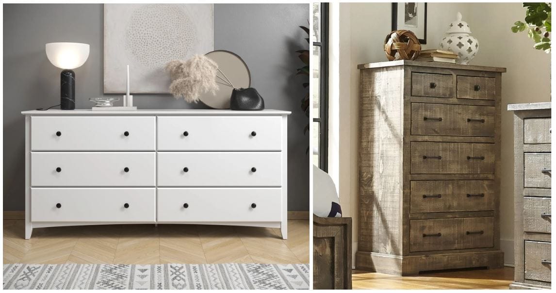 sustainable and eco friendly white double dresser with antique style knobs and traditional features; weathered gray chest made using solid salvaged pine wood; sustainable furniture and home decor