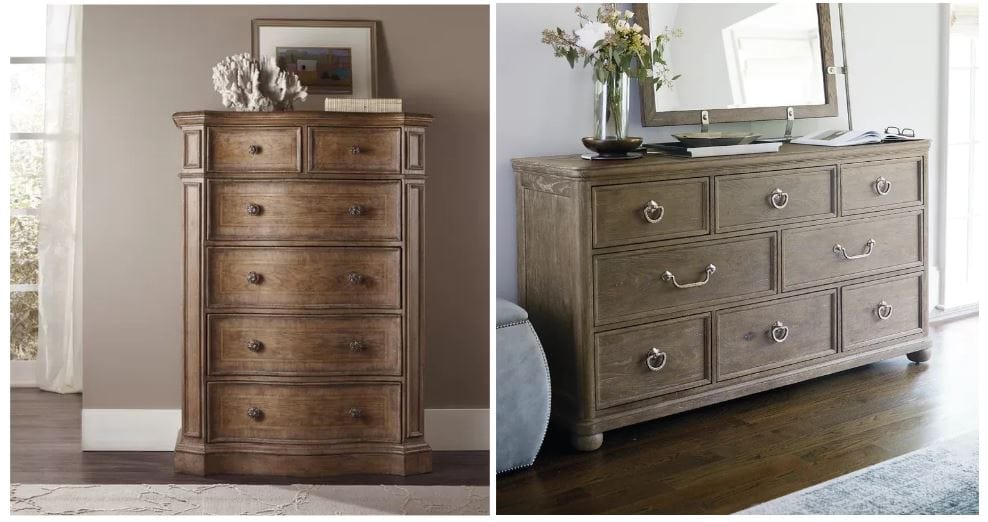 traditional tallboy wood dresser with 6 drawers and traditional rustic dresser with 8 drawers; stylish bedroom dresser with mirror for primary bedroom; traditional style dressers