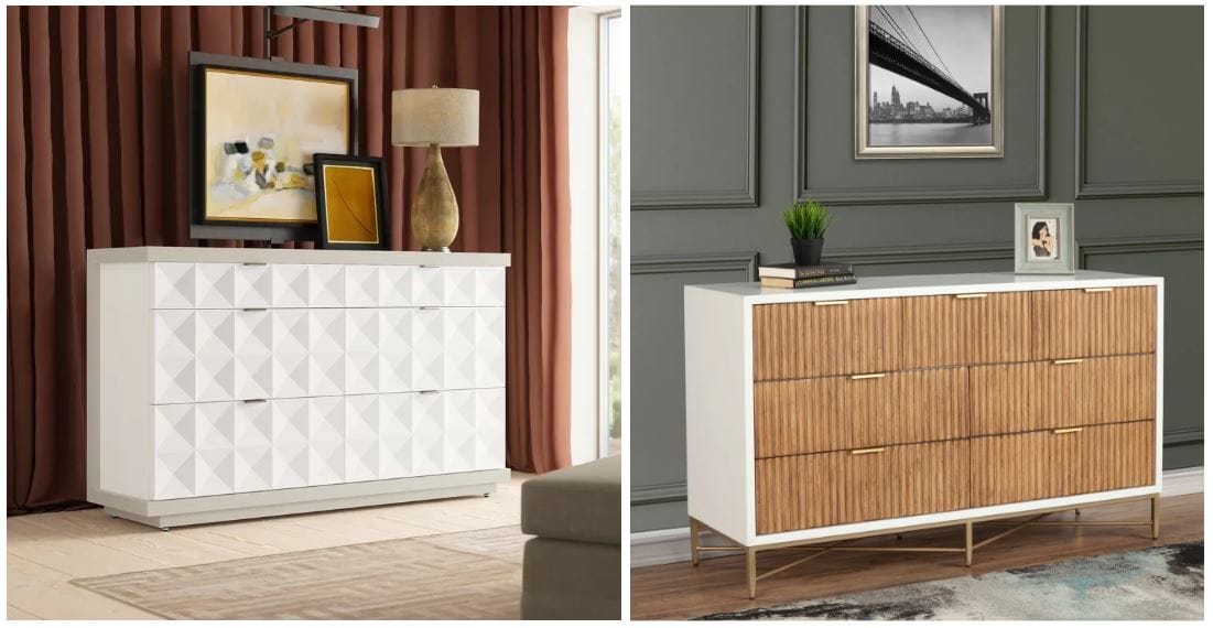 artistic multi-tonal white dresser for transitional living room or bedroom style; natural and white dresser with gold hardware for living room or dining room; transitional style dressers