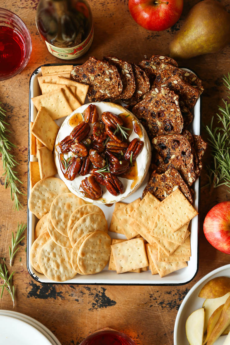 Platter of assorted crackers with Maple Pecan Baked Brie for dipping