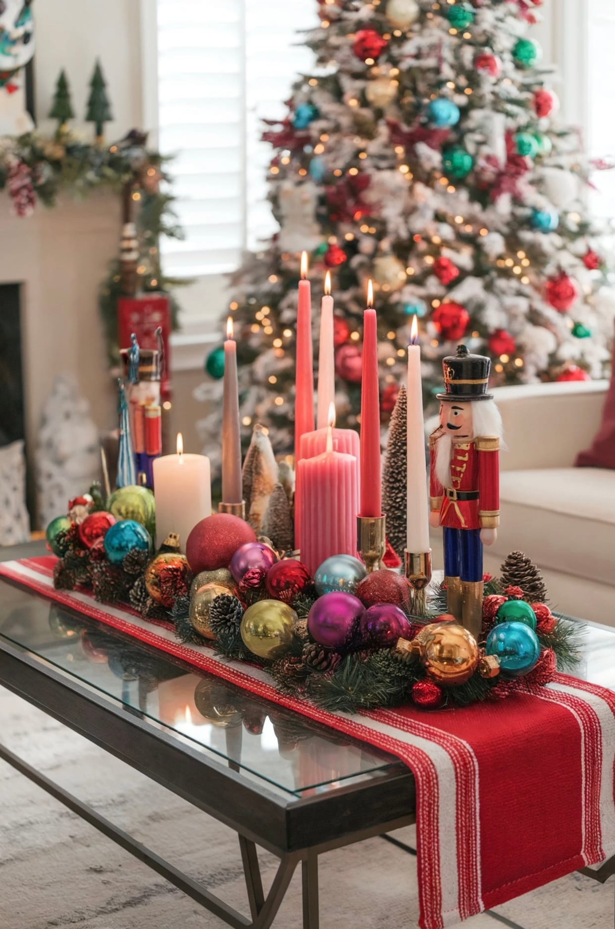 Pink candles are surrounded by colorful Christmas ornaments on a tray as a coffee table centerpiece