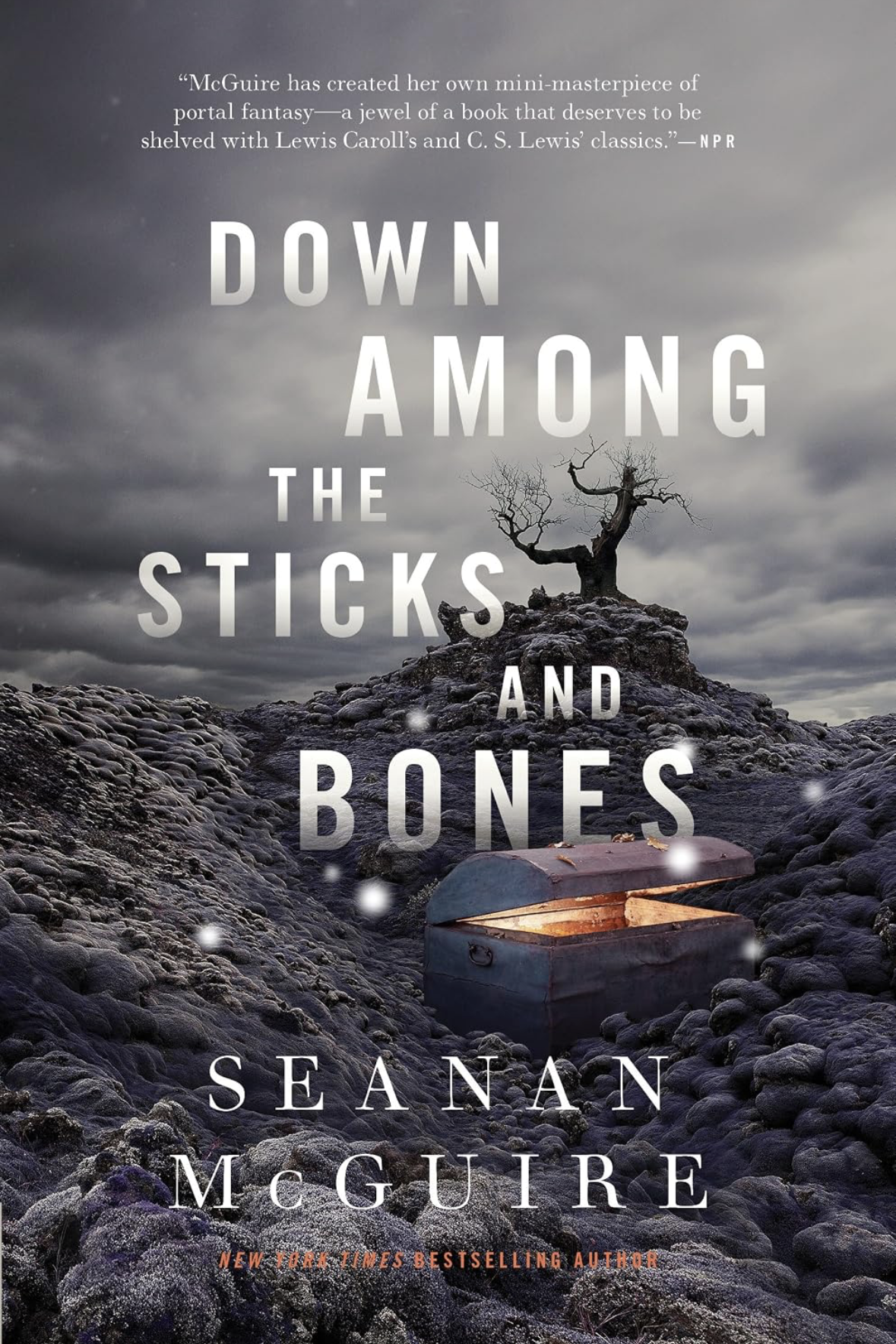 Down Among the Sticks and Bones by Seanan McGuire book cover shows a rocky landscape that leads to a dead tree a chest opens with light inside suggesting a portal. The sky is cloudy and grey.