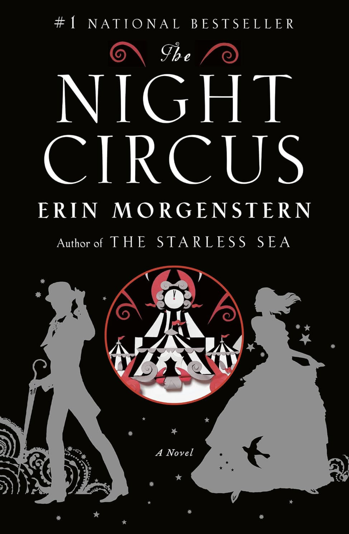The Night Circus by Erin Morgenstern book cover a black cover with a circus theme that includes a clock, circus tents, a woman in a long dress and a man in a victorian style suit with a top had and umbrella.