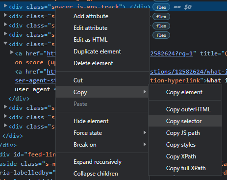 Copying an element's CSS selector in Chrome
