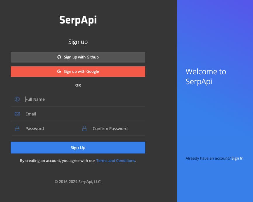 Signing up for a SerpApi account is very straightforward.