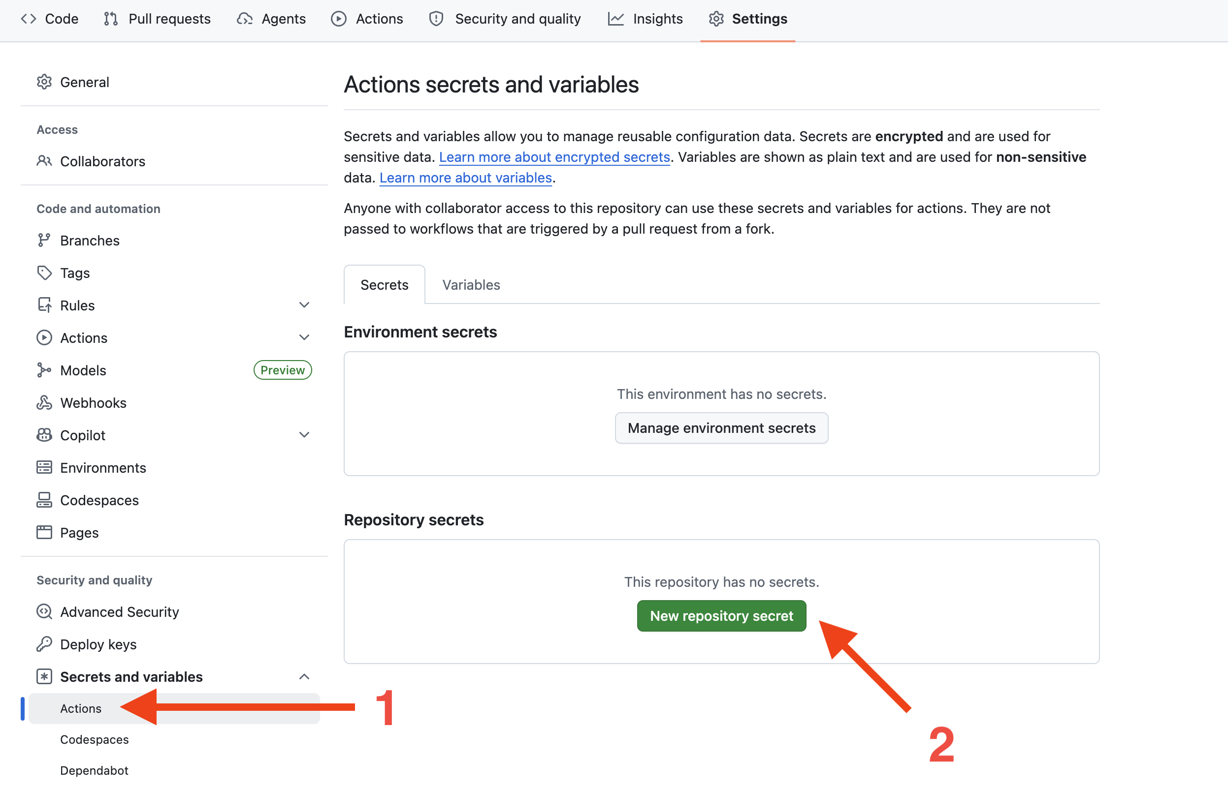 Screenshot of Actions secrets and variables settings