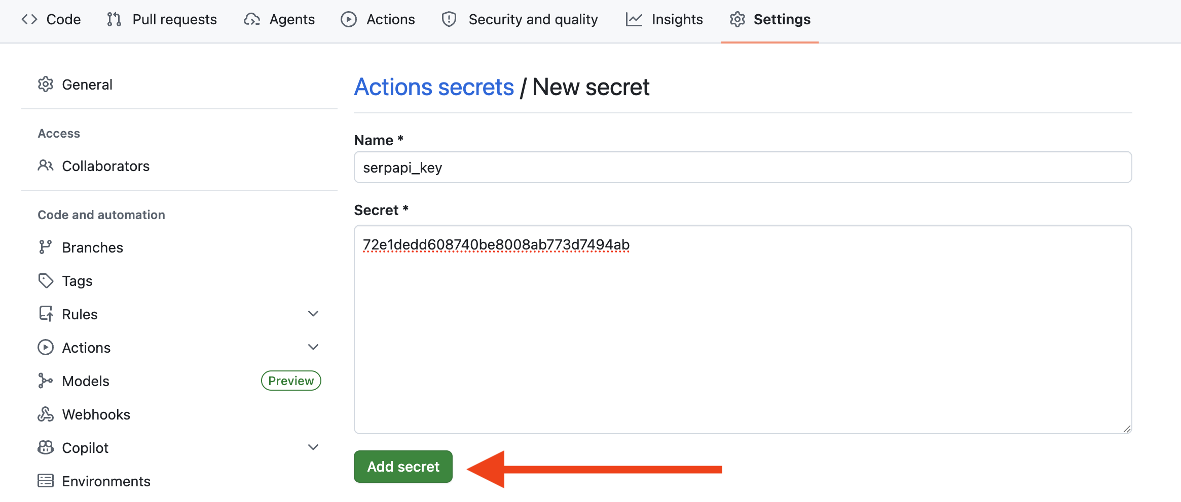 Screenshot of adding a new secret