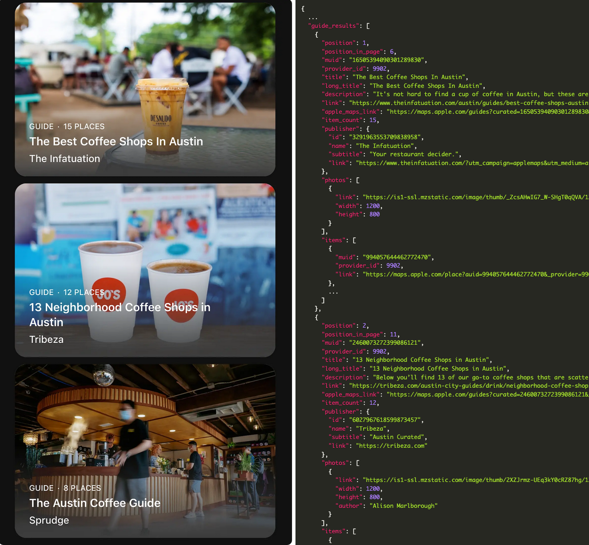 Apple Maps guide cards showing curated collections like Best Coffee Shops alongside the corresponding guide_results JSON from SerpApi