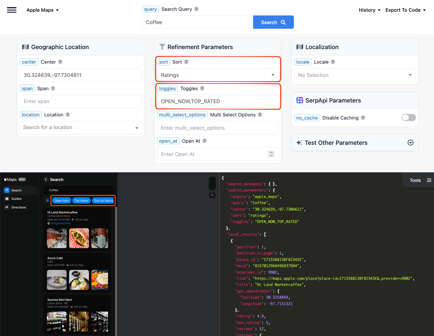 SerpApi Playground showing the refinement JSON object with Open Now and Top Rated toggles selected and sort set to ratings