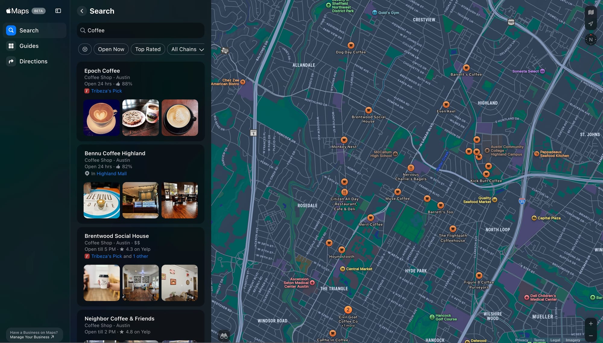 Apple Maps search results for Coffee in Austin, TX, showing a map with pins and a list of nearby coffee shops with ratings and addresses