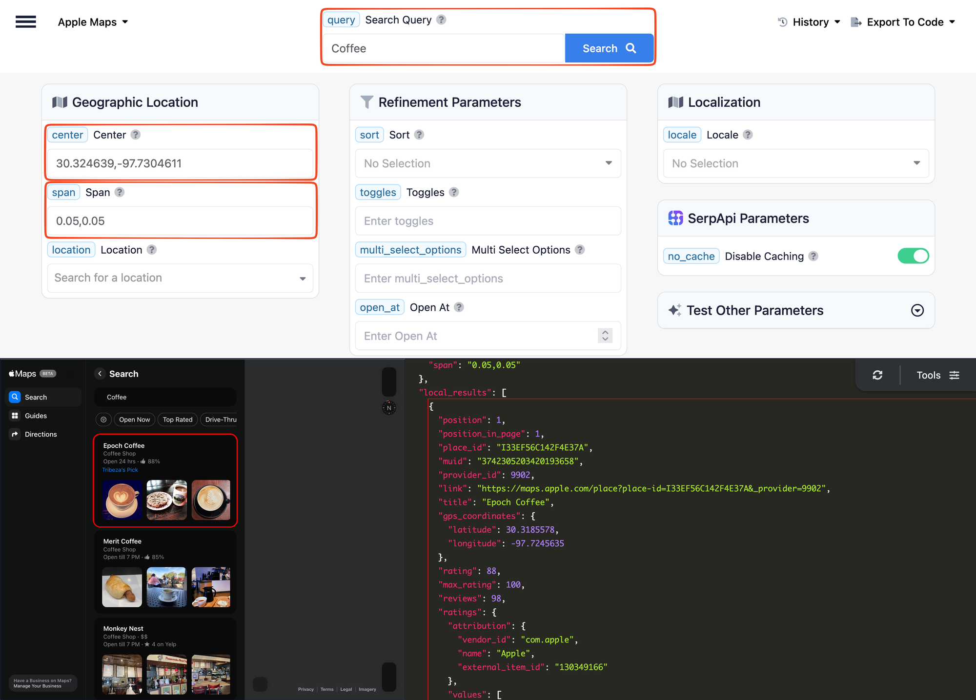 SerpApi Playground showing JSON output for an Apple Maps local search, with fields like title, rating, address, and amenities visible in the response
