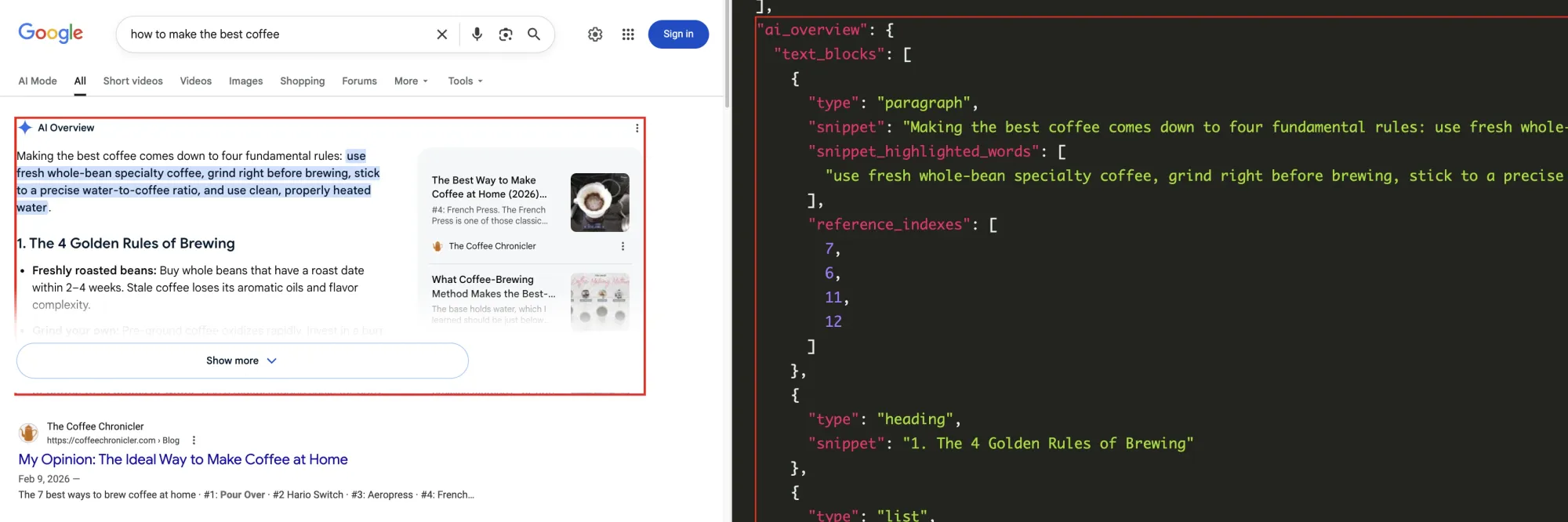 Playground example showing "how to make the best coffee" AI Overview content being parsed by SerpApi