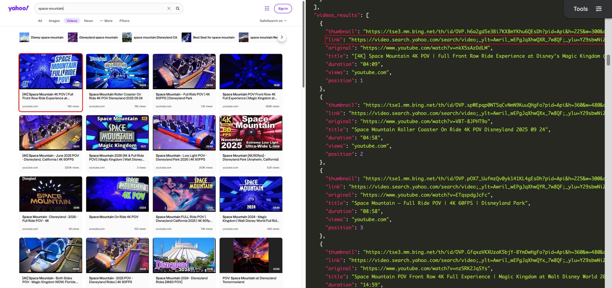 Screenshot of Yahoo Videos search for "space mountain" next to JSON results.
