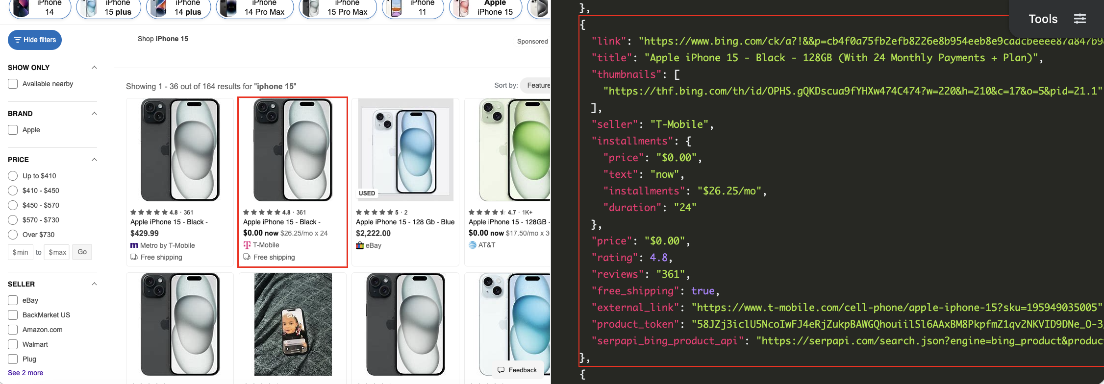 Screenshot of a search for iPhone 15, and the JSON parsed from the second result.