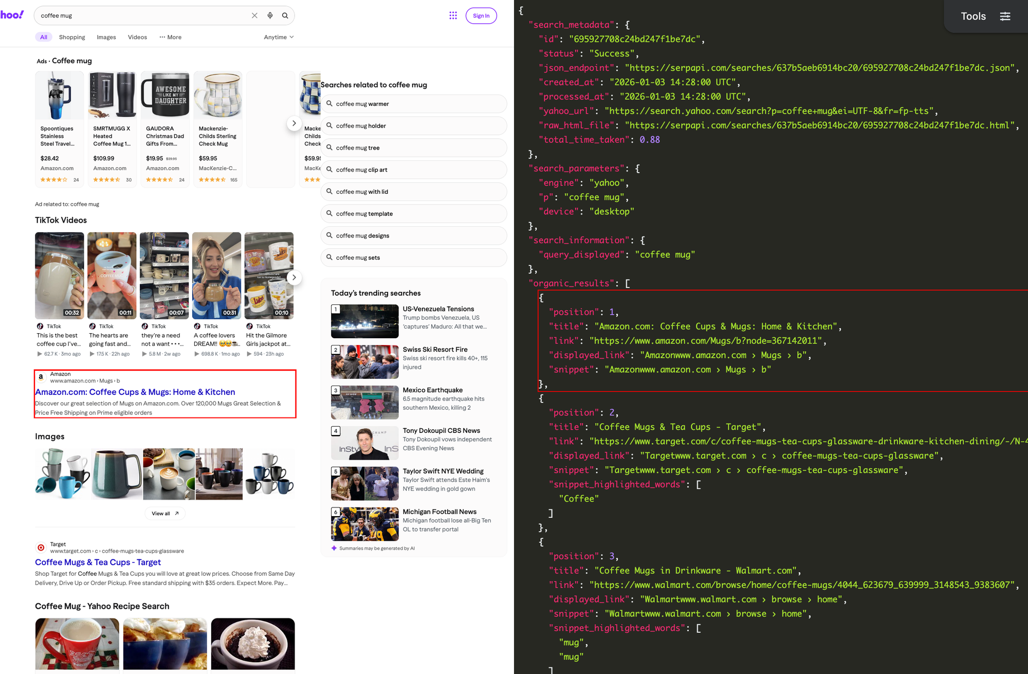 A screenshot of a Yahoo search results page for "coffee mug" next to the parsed JSON data