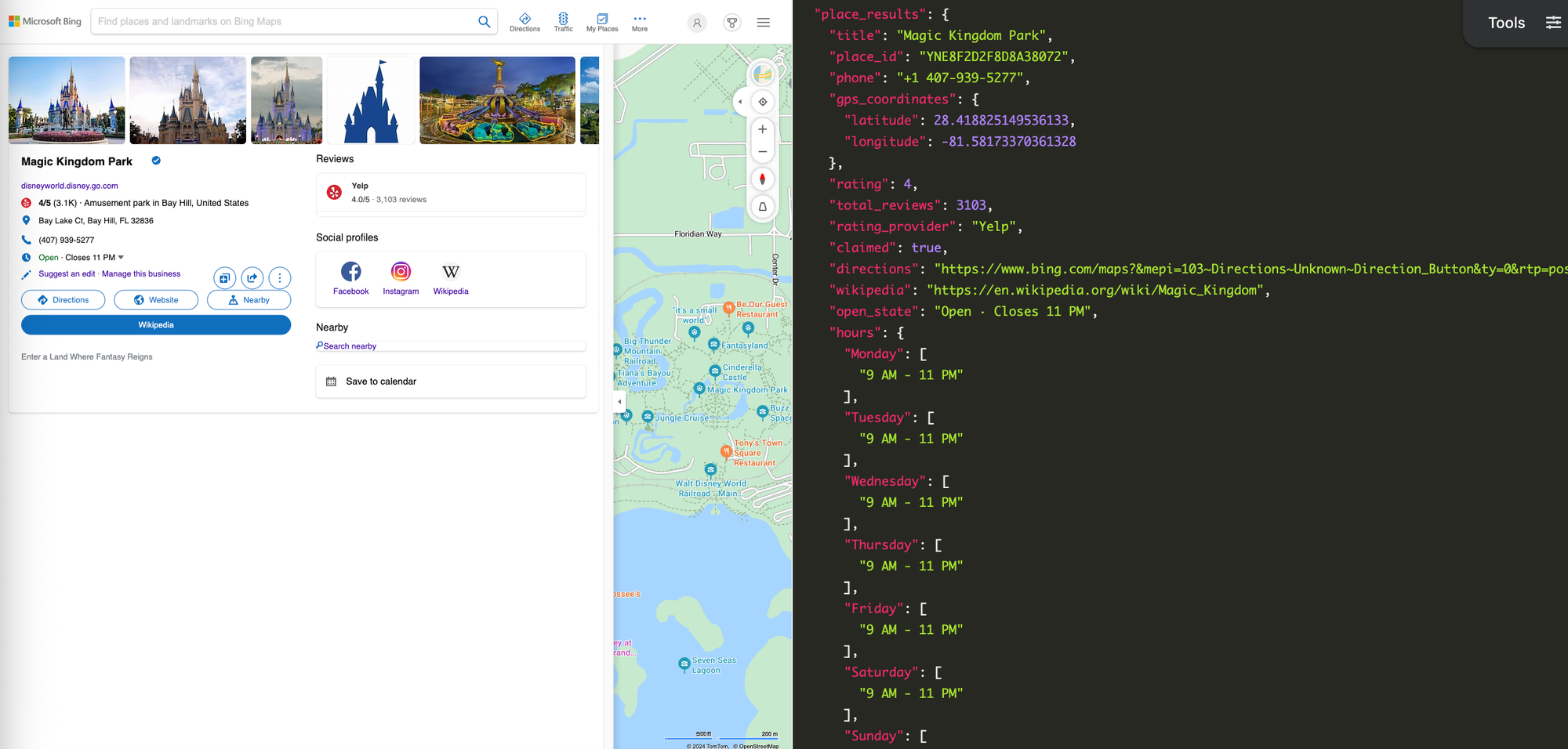 Bing Maps listing for the Magic Kingdom park, next to JSON results.
