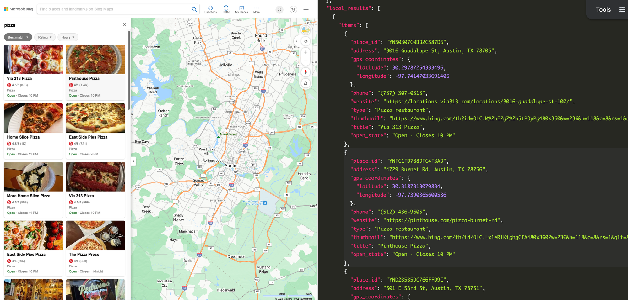 Bing Maps results for "pizza" next to the JSON results.