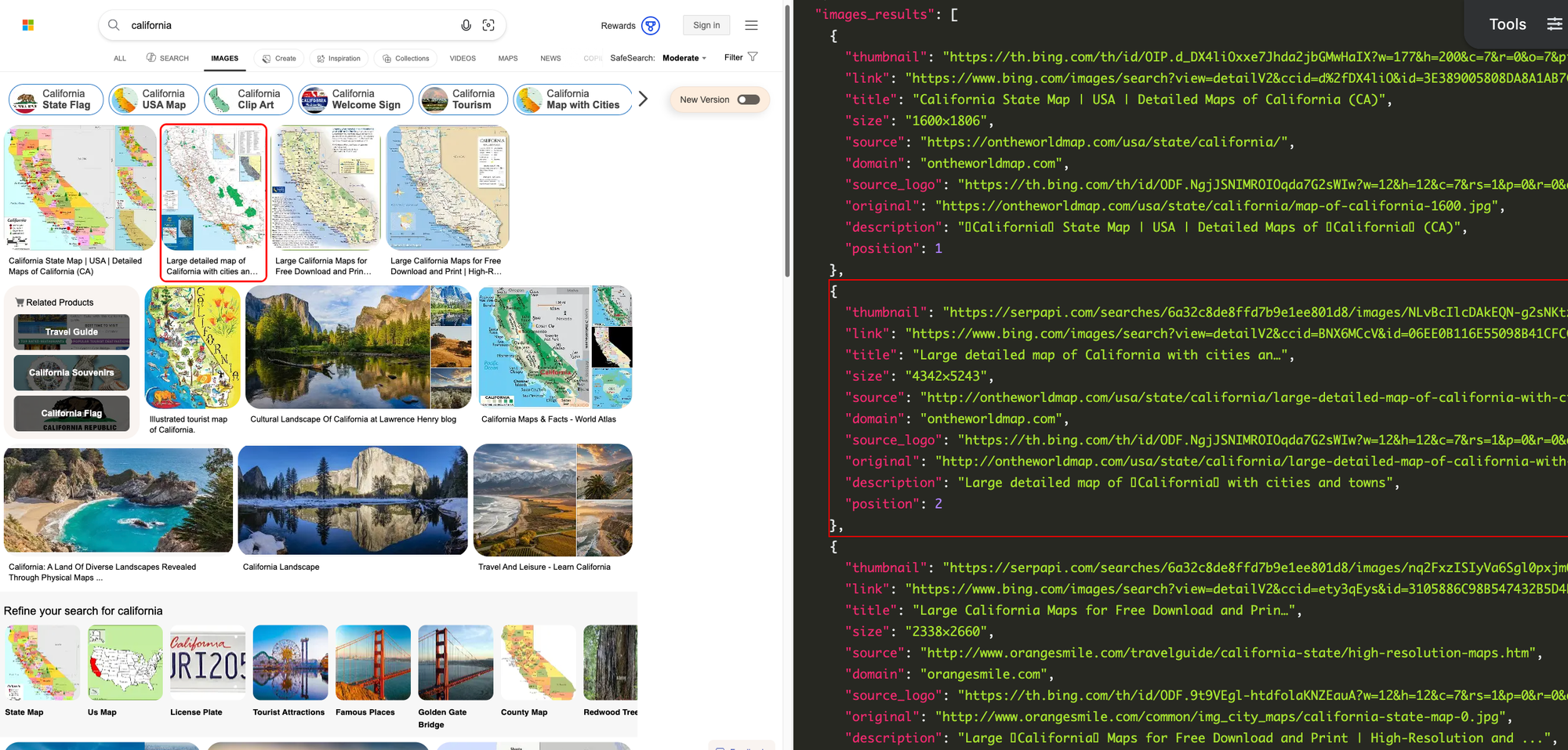 Screenshot of image search for "California" next to parsed JSON.