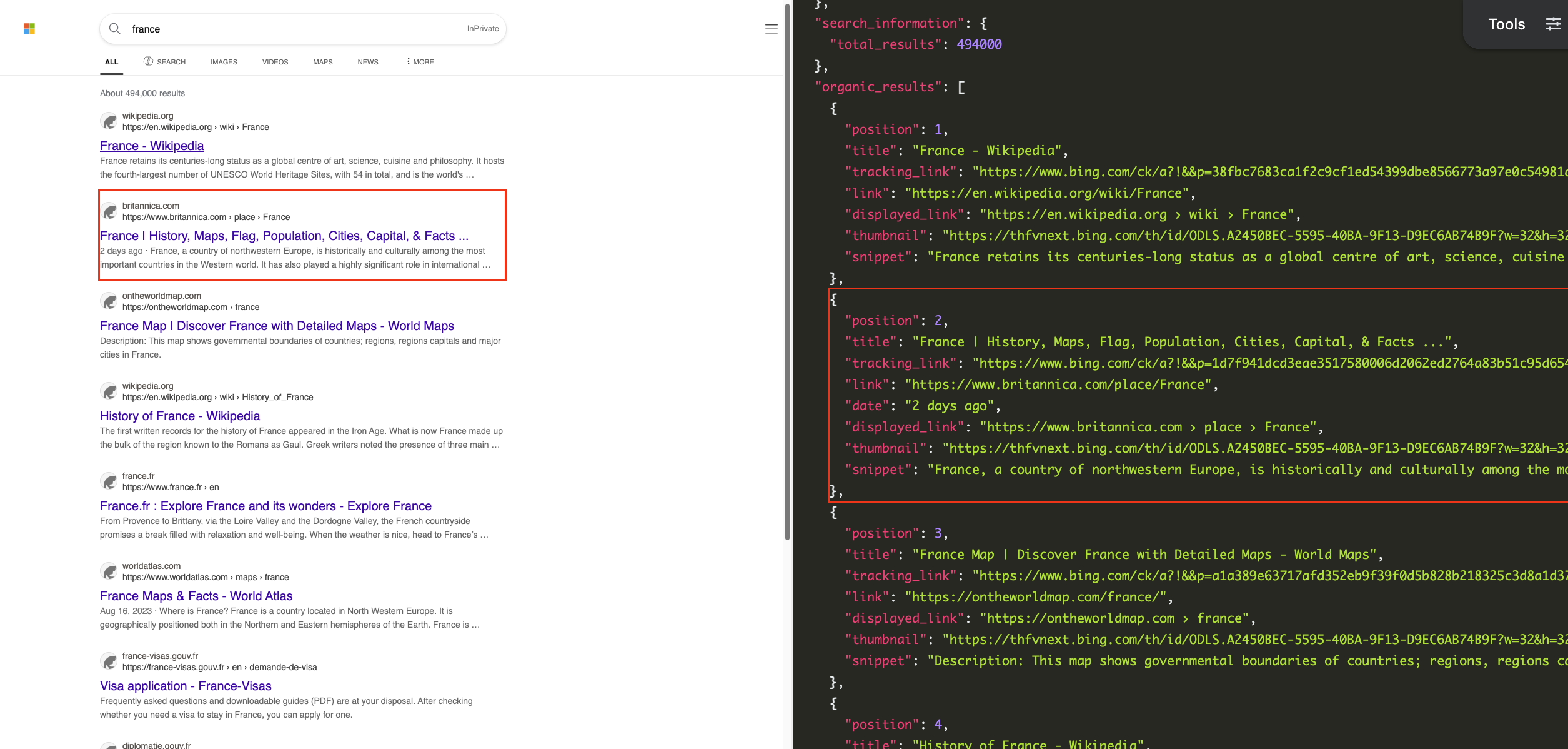 Bing search for "france" with JSON results