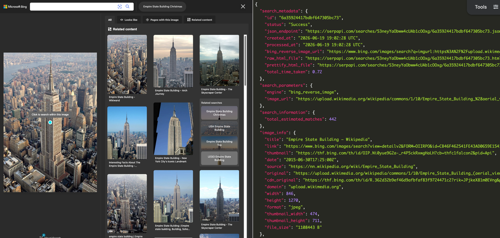 Bing results page for a picture of the Empire State Building, next to the exported JSON results.