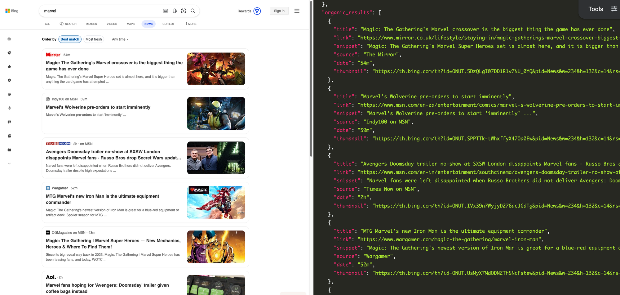 Screenshot of search for Marvel news, with the page next to its JSON results.