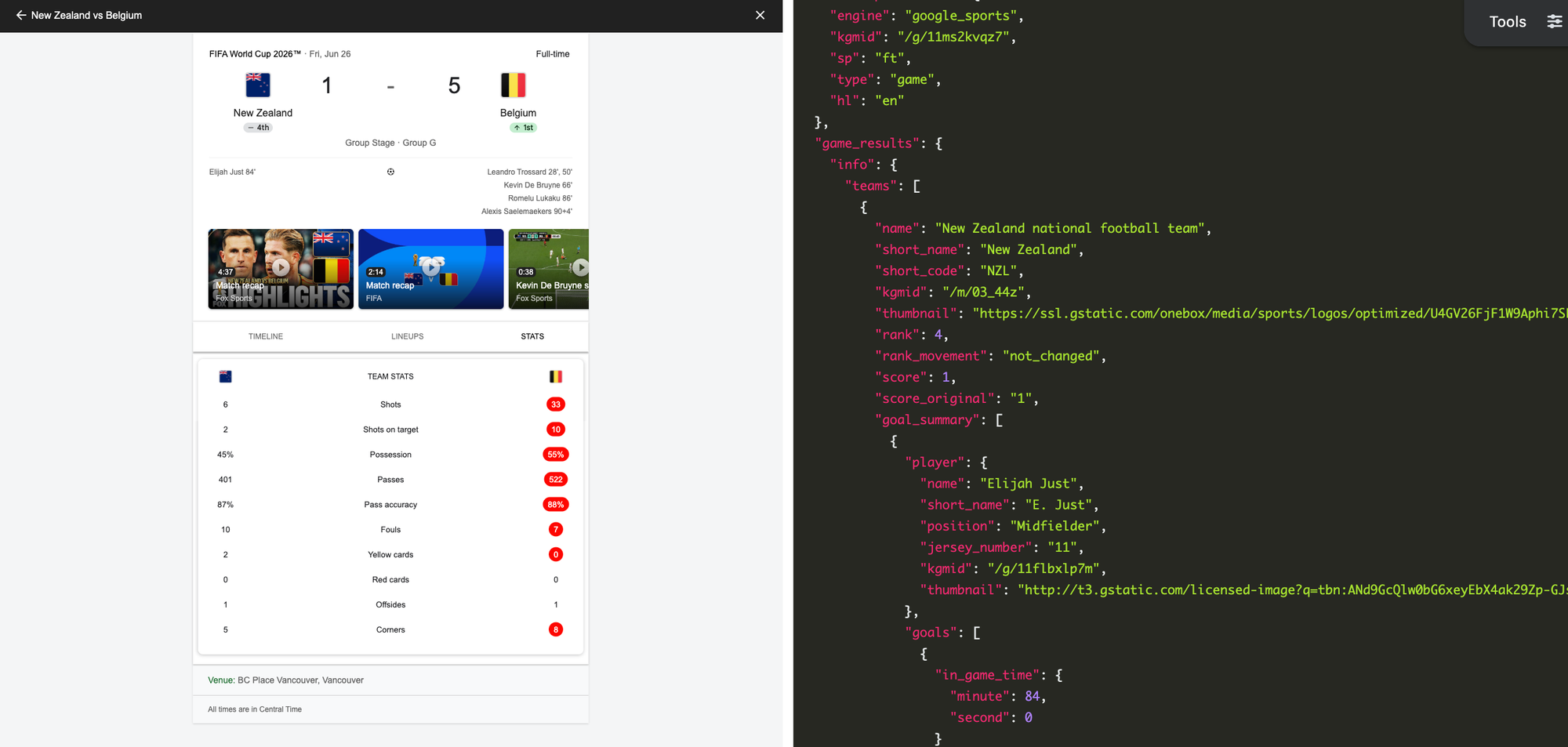 A screenshot of a New Zealand vs. Belgium football match in Google, next to the JSON version.