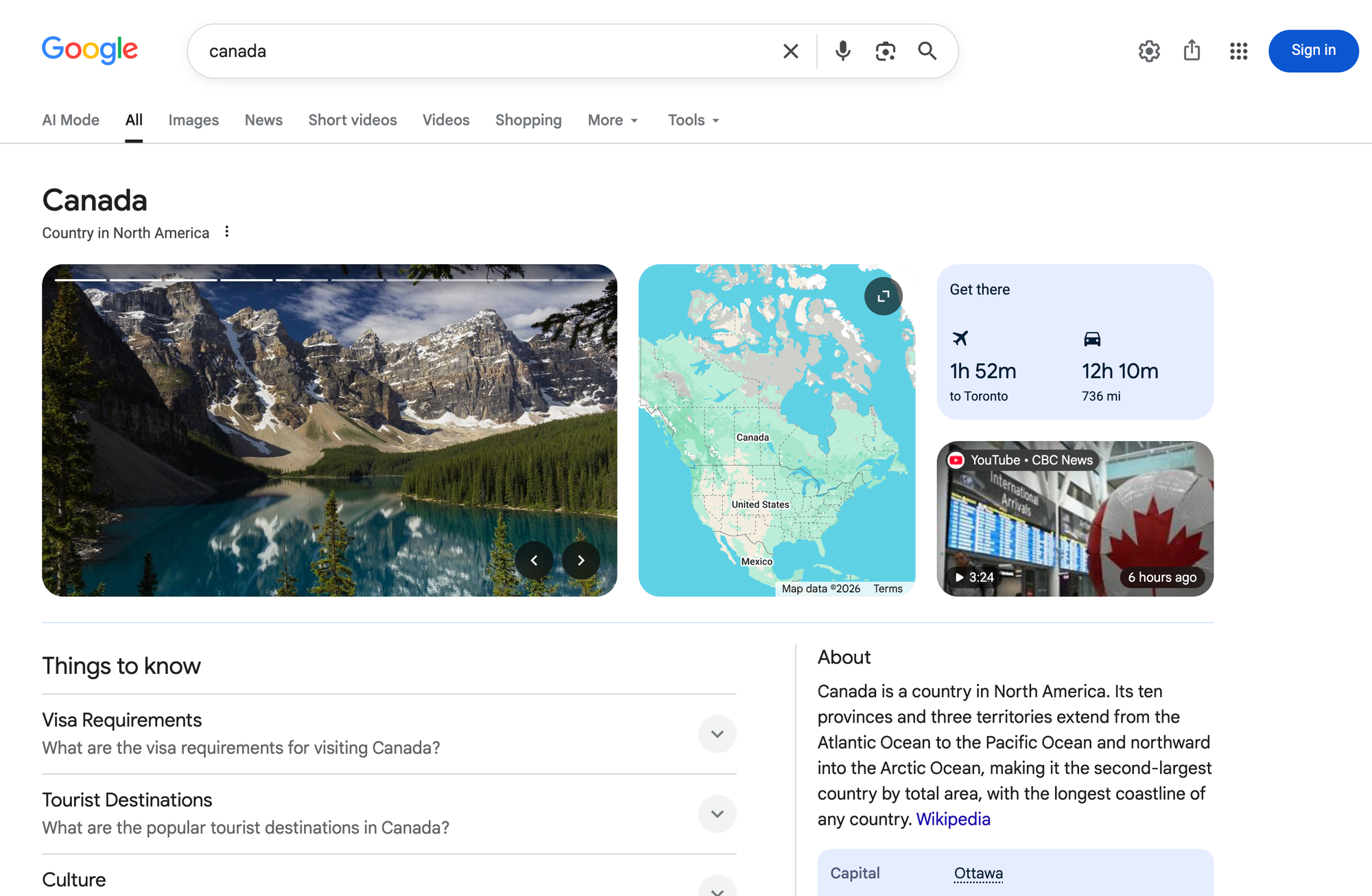 Google search for Canada, with pictures, a "Country in North America" label, the capital, and other information at the top of the page.