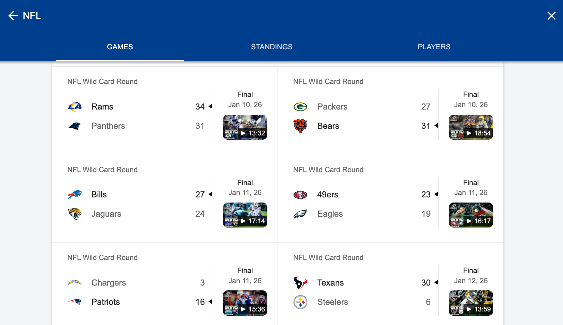 Screenshot of recent NFL games on Google