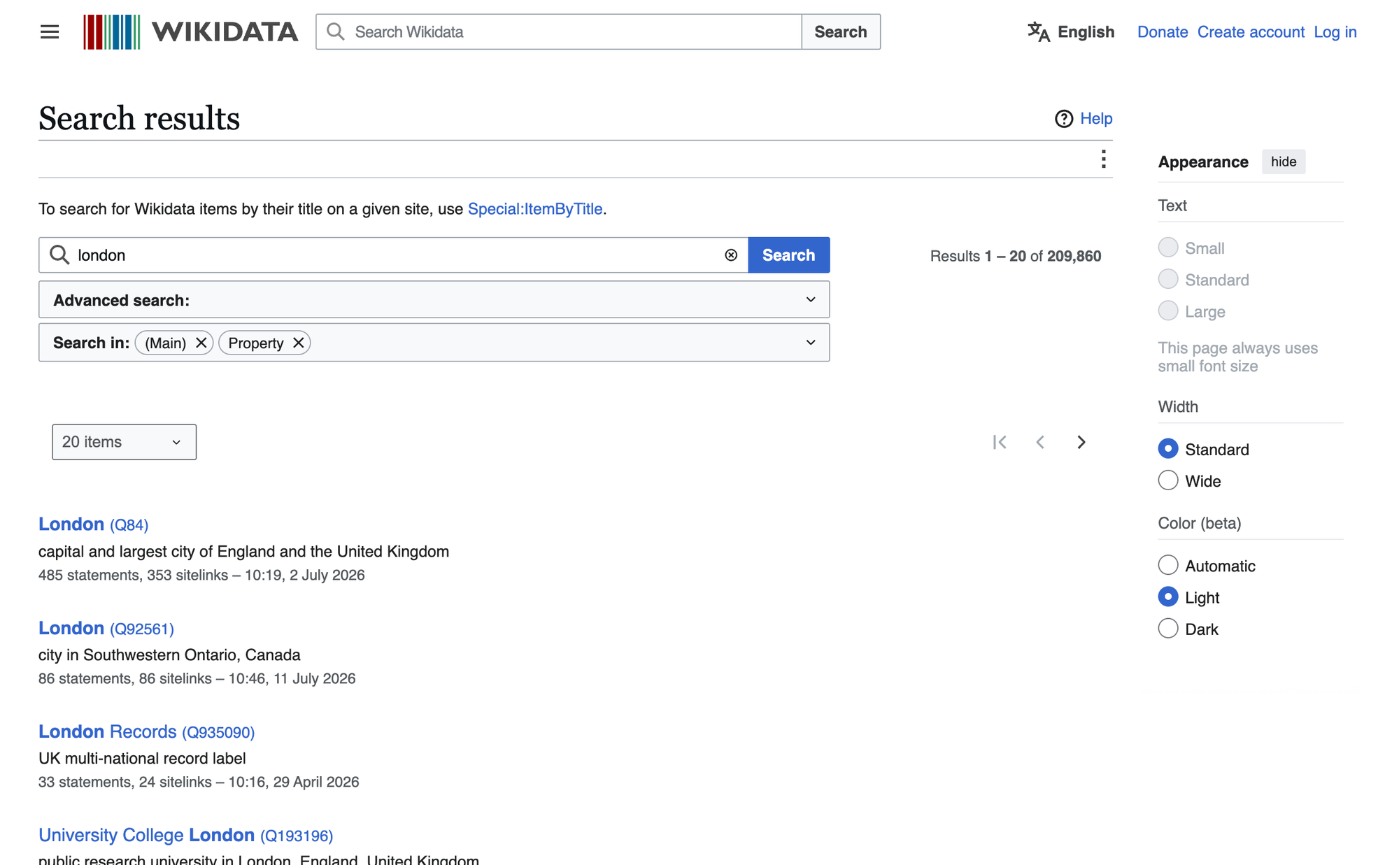 Screenshot of Wikidata